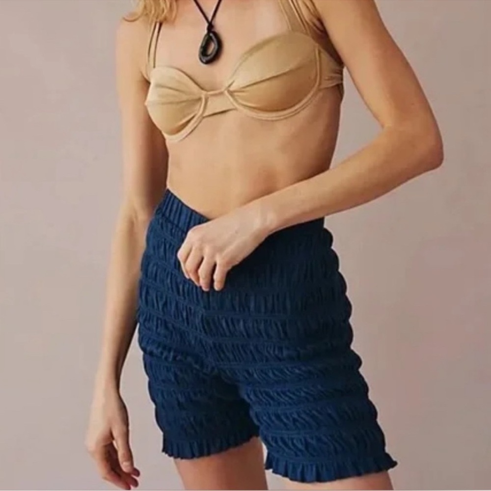 Free people Beach Jude Biker Tiered Ruched Pull On Shorts Linen Blue XS NWOT - Picture 2 of 4